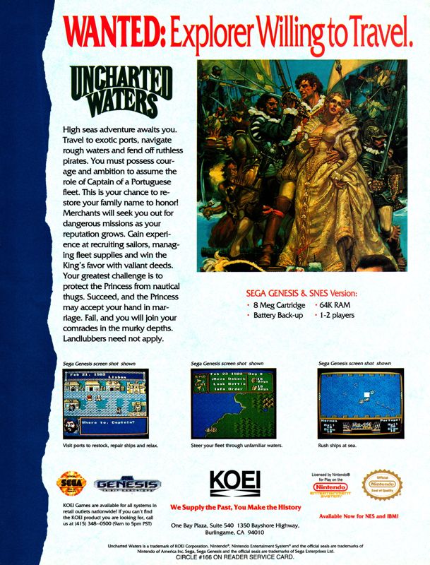 Uncharted Waters Magazine Advertisement (Magazine Advertisements): Electronic Gaming Monthly (United States), Volume 5, Issue 10 (October 1992) Page 31