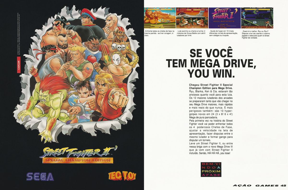 Street Fighter II: Champion Edition Magazine Advertisement (Magazine Advertisements): Ação Games (Brazil) Issue 48 (December 1993) p. 44-45