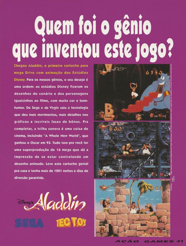 Disney's Aladdin Magazine Advertisement (Magazine Advertisements): Ação Games (Brazil) Issue 48 (December 1993) p. 41