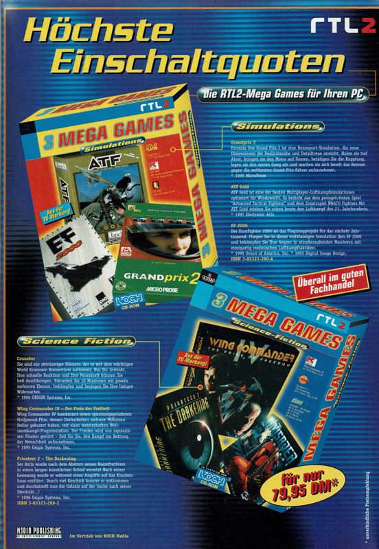 3 Mega Games: Simulations Magazine Advertisement (Magazine Advertisements): PC Player (Germany), Issue 02/1998
