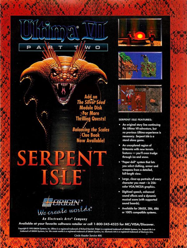 Ultima VII: Part Two - Serpent Isle Magazine Advertisement (Magazine Advertisements): Computer Gaming World (US), Number 109 (August 1993)