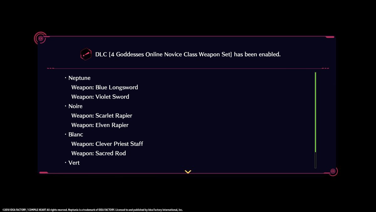 Megadimension Neptunia VIIR: 4 Goddesses Online - Novice Class Weapon Set Screenshot (Steam)