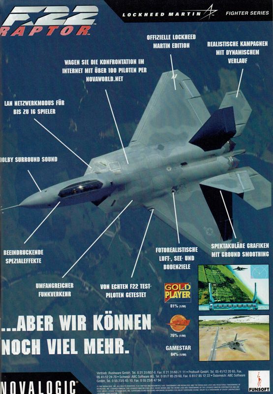 F-22 Raptor Magazine Advertisement (Magazine Advertisements): PC Player (Germany), Issue 02/1998 Part 2