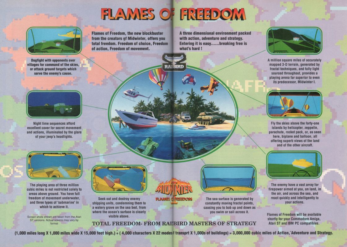 Flames of Freedom Magazine Advertisement (Magazine Advertisements): CU Amiga Magazine (UK) Issue #15 (May 1991). Courtesy of the Internet Archive. Pages 28-29