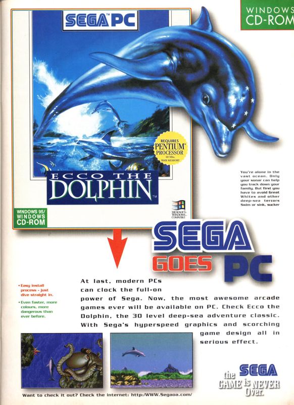 Ecco the Dolphin Magazine Advertisement (Magazine Advertisements):<br> Computer and Video Games (U.K), May 1996 (#174) Originally scanned by Jason Scott; via The Internet Archive