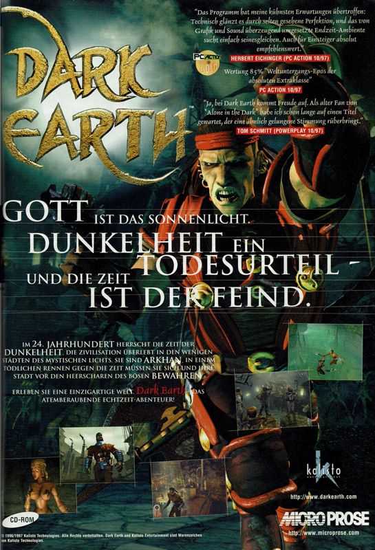 Dark Earth Magazine Advertisement (Magazine Advertisements): PC Player (Germany), Issue 12/1997