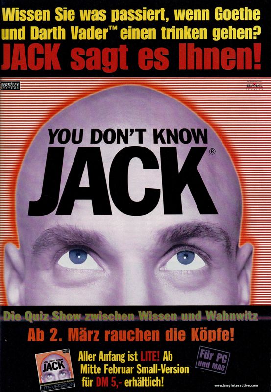 You Don't Know Jack: Volume 2 Magazine Advertisement (Magazine Advertisements): PC Player (Germany), Issue 03/1998