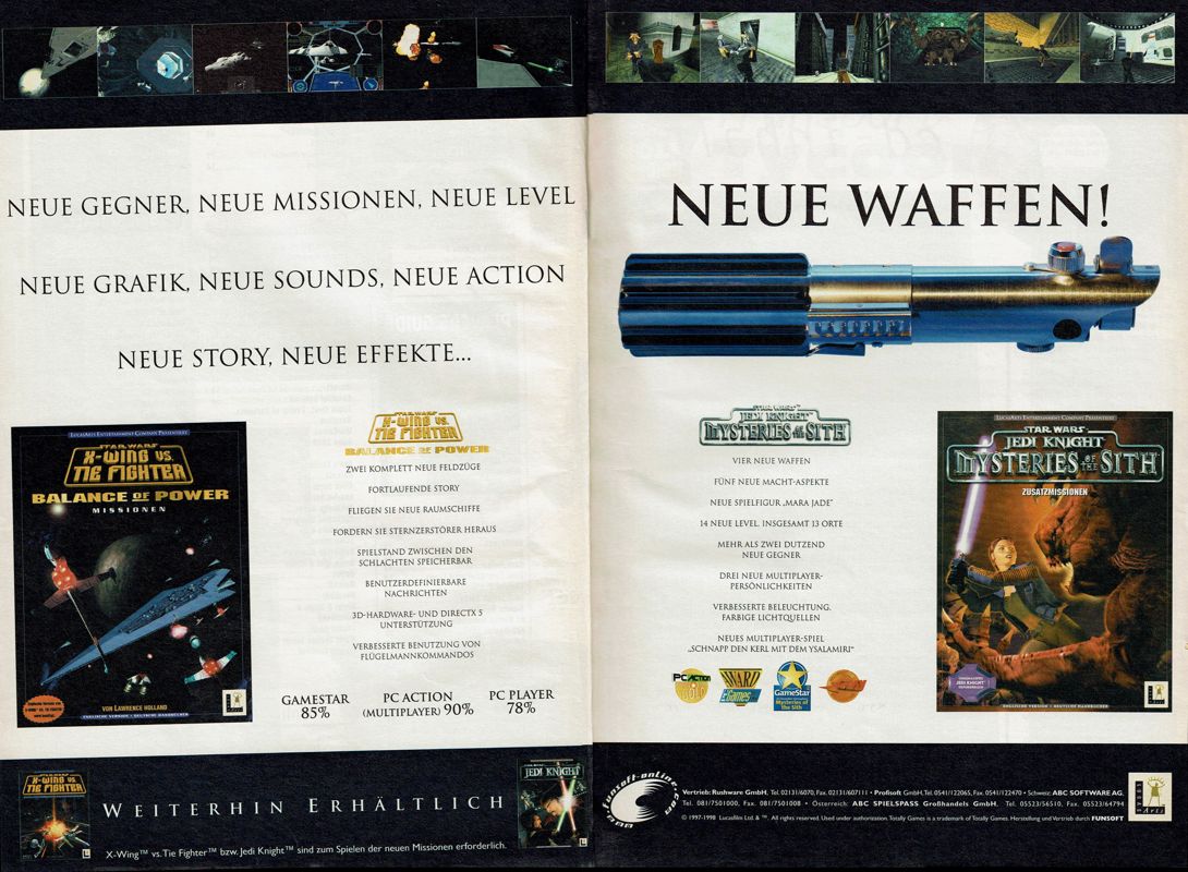 Star Wars: Jedi Knight - Mysteries of the Sith Magazine Advertisement (Magazine Advertisements): PC Player (Germany), Issue 05/1998