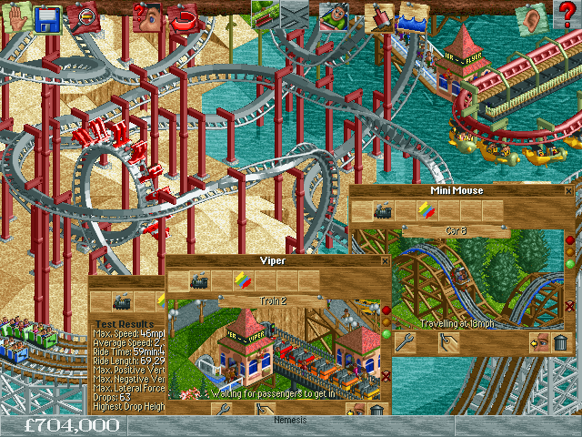 RollerCoaster Tycoon Screenshot (RollerCoaster Tycoon Concept Art, Official Website, 1999): Another early build, with peeps on the coasters this time.