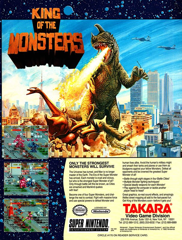 King of the Monsters Magazine Advertisement (Magazine Advertisements): Electronic Gaming Monthly (United States), Volume 5, Issue 10 (October 1992) Page 65