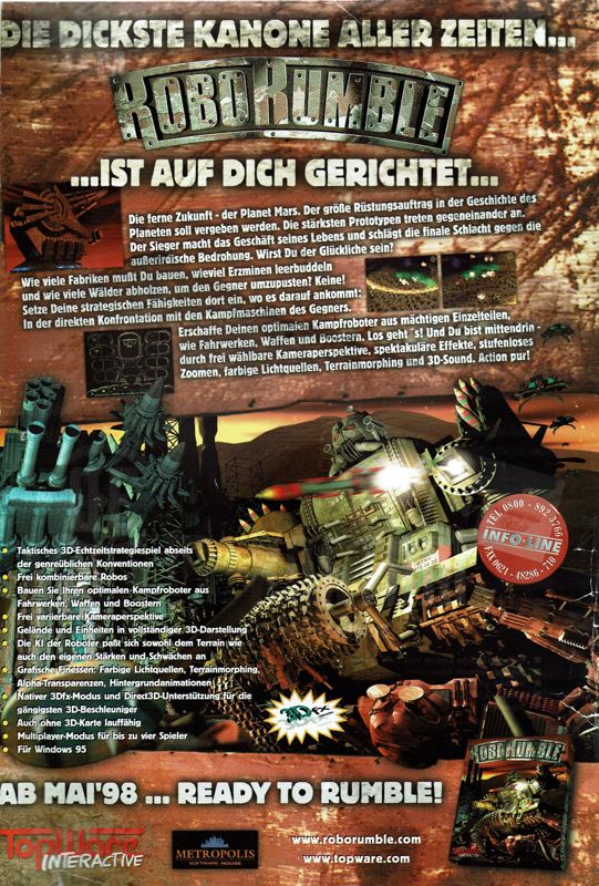Robo Rumble Magazine Advertisement (Magazine Advertisements): PC Player (Germany), Issue 05/1998