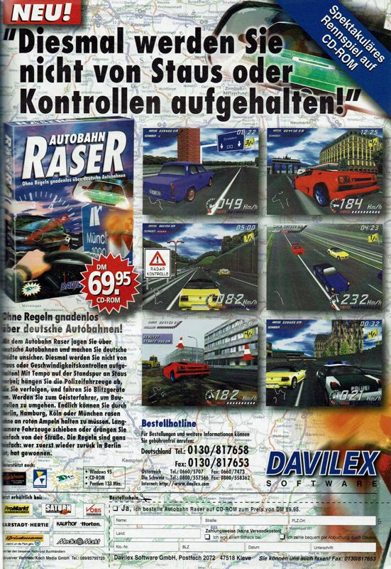 Autobahn Raser Magazine Advertisement (Magazine Advertisements): PC Player (Germany), Issue 07/1998