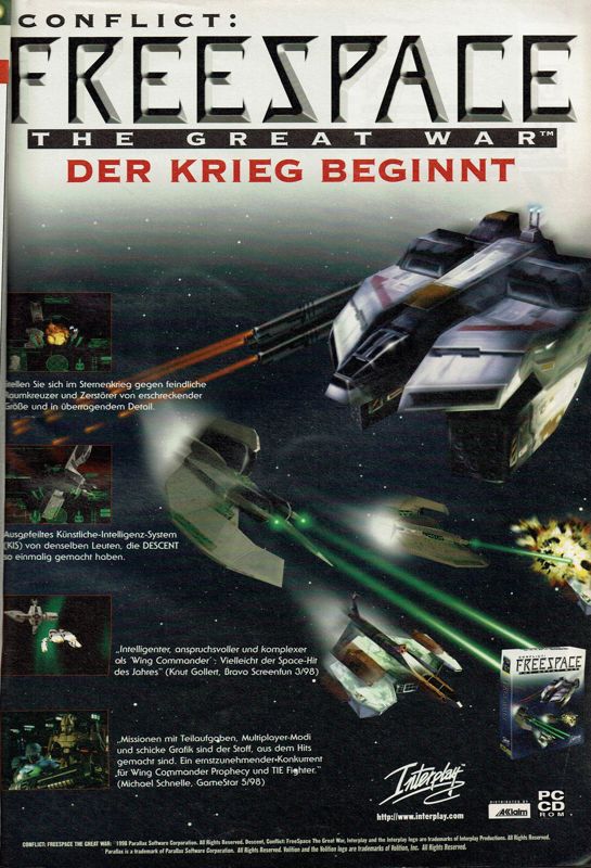 Descent: Freespace - The Great War Magazine Advertisement (Magazine Advertisements): PC Player (Germany), Issue 07/1998