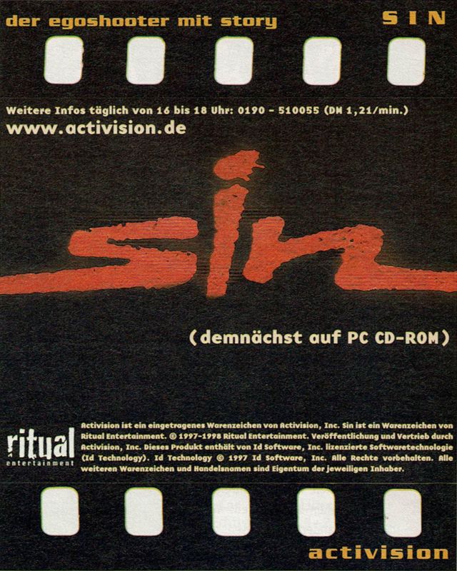 SiN Magazine Advertisement (Magazine Advertisements): PC Player (Germany), Issue 08/1998 Part 3