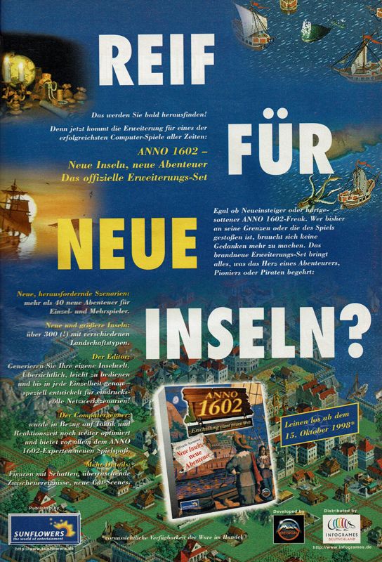 Anno 1602: Erschaffung einer neuen Welt - Neue Inseln, Neue Abenteuer Magazine Advertisement (Magazine Advertisements): PC Player (Germany), Issue 10/1998