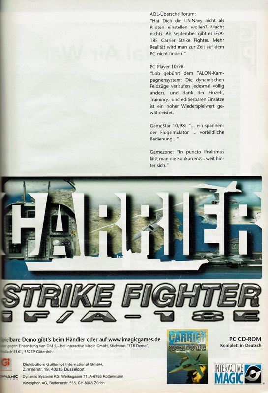 iF/A-18E Carrier Strike Fighter Magazine Advertisement (Magazine Advertisements): PC Player (Germany), Issue 11/1998