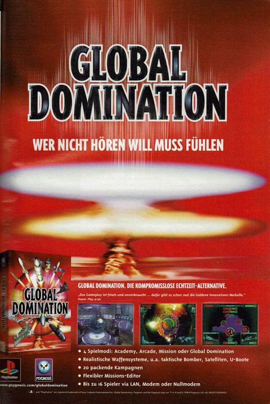 Global Domination Magazine Advertisement (Magazine Advertisements): PC Player (Germany), Issue 11/1998