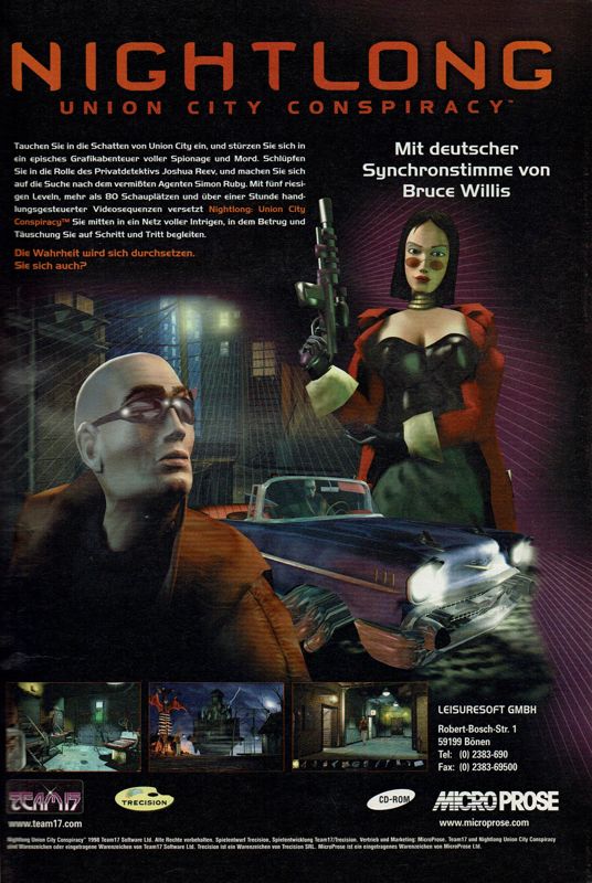 Nightlong: Union City Conspiracy Magazine Advertisement (Magazine Advertisements): PC Player (Germany), Issue 11/1998