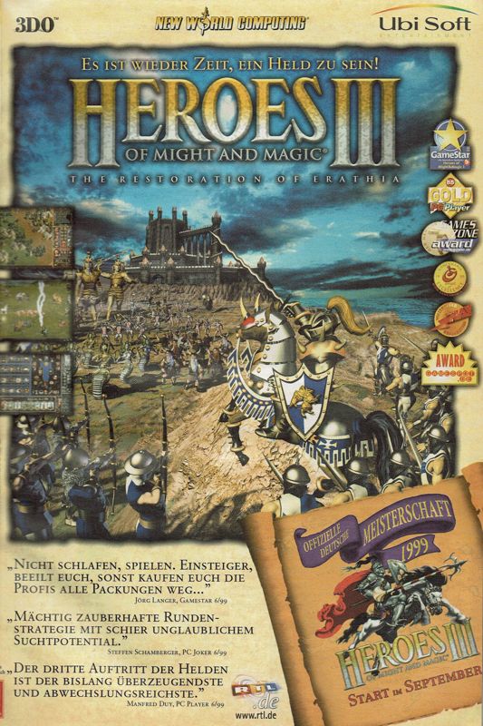 Heroes of Might and Magic III: The Restoration of Erathia Magazine Advertisement (Magazine Advertisements): PC Player (Germany), Issue 07/1999