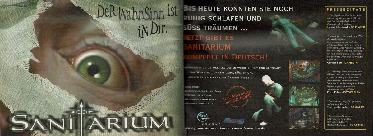 Sanitarium Magazine Advertisement (Magazine Advertisements): PC Player (Germany), Issue 04/1999