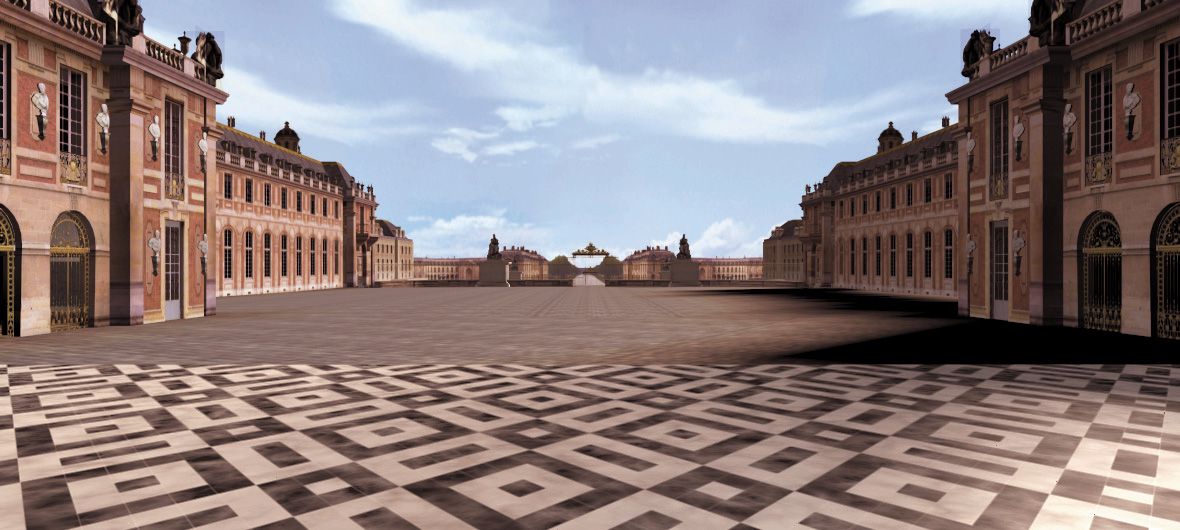Versailles 1685 Screenshot (Images from Cryo Interactive web at 1998): Vue de la cour de marbre de Versailles, elle peut être explorée librement.