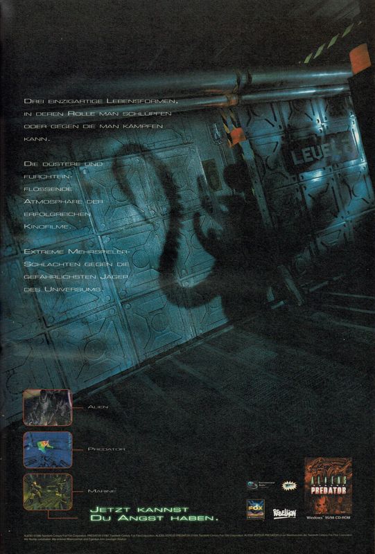 Aliens Versus Predator Magazine Advertisement (Magazine Advertisements): PC Player (Germany), Issue 06/1999 Part 2