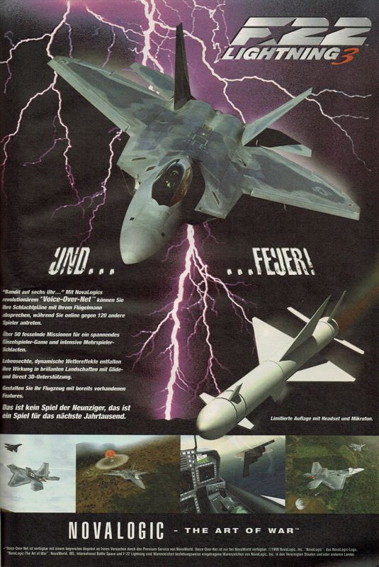 F-22 Lightning 3 Magazine Advertisement (Magazine Advertisements): PC Player (Germany), Issue 09/1999