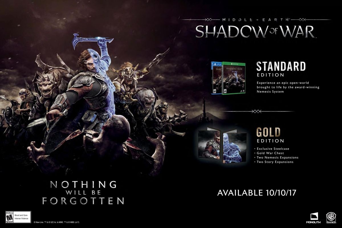 Middle-earth: Shadow of War Magazine Advertisement (Magazine Advertisements): Walmart GameCenter (US), Issue 52 (2017) Pages 2-3 (Inside Front Cover)