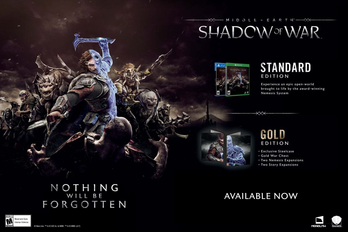 Middle-earth: Shadow of War Magazine Advertisement (Magazine Advertisements): Walmart GameCenter (US), Issue 53 (2017) Pages 18-19