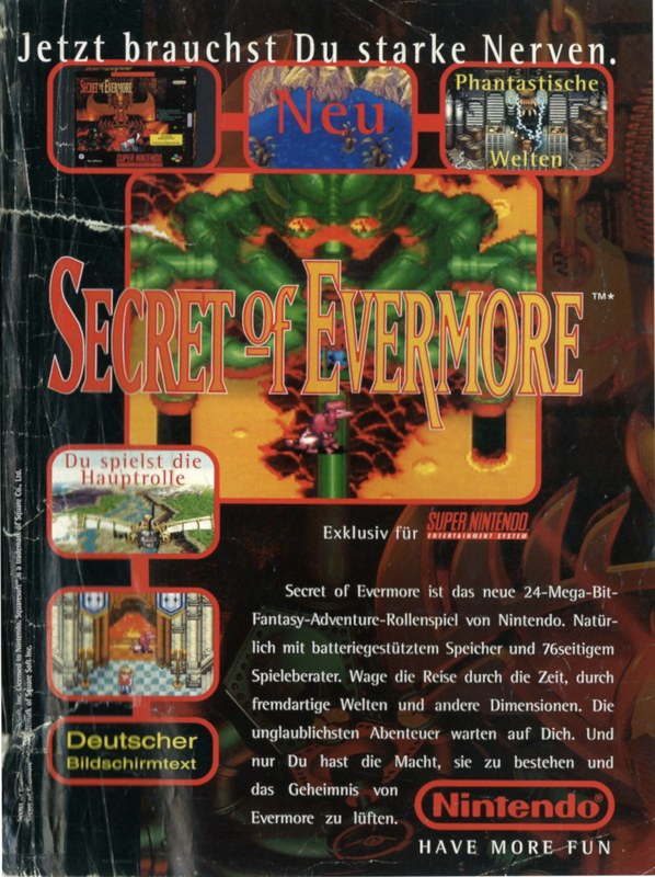 Secret of Evermore Magazine Advertisement (Magazine Advertisements): Club Nintendo (Germany), February 1996, page 75