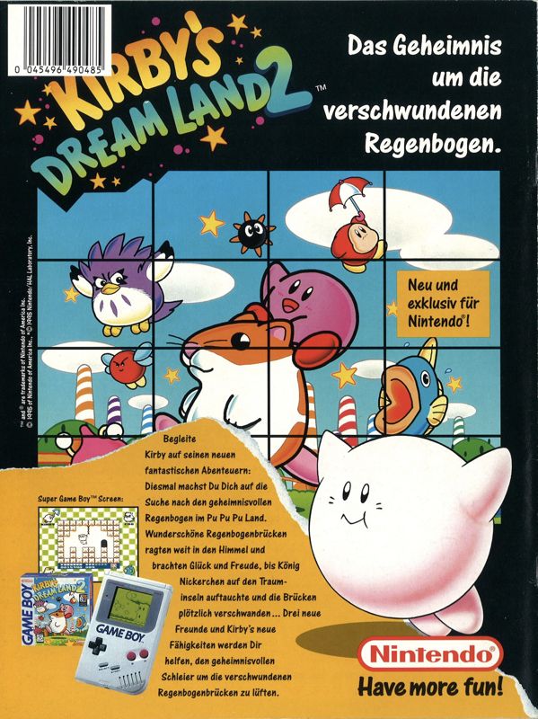 Kirby's Dream Land 2 Magazine Advertisement (Magazine Advertisements): Club Nintendo (Germany), July 1995, back cover