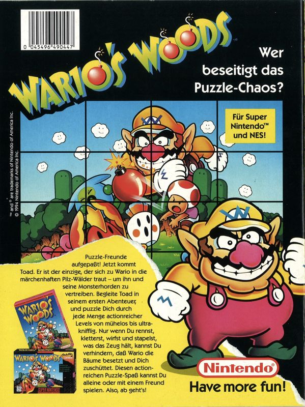 Wario's Woods Magazine Advertisement (Magazine Advertisements): Club Nintendo (Germany), March 1995, back cover