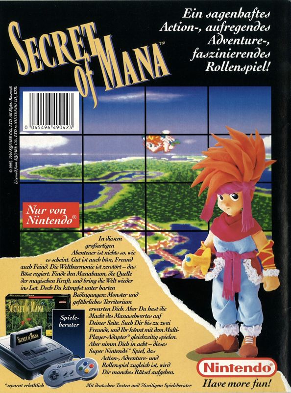 Secret of Mana Magazine Advertisement (Magazine Advertisements): Club Nintendo (Germany), January 1995, back cover