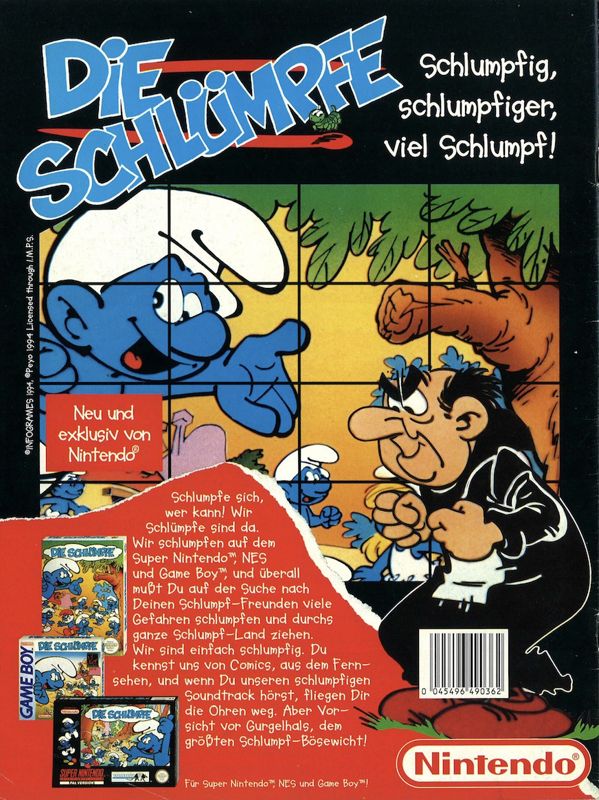 The Smurfs Magazine Advertisement (Magazine Advertisements): Club Nintendo (Germany), August 1994, back cover