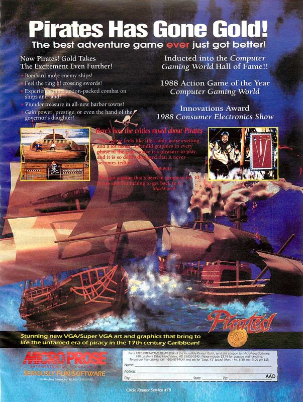 Pirates! Gold Magazine Advertisement (Magazine Advertisements): Computer Gaming World (US), Number 109 (August 1993)