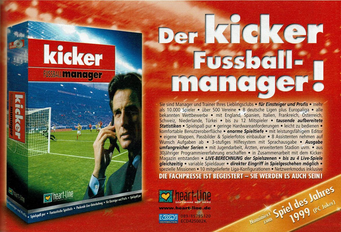 Director of Football Magazine Advertisement (Magazine Advertisements): PC Player (Germany), Issue 01/2000 Part 2