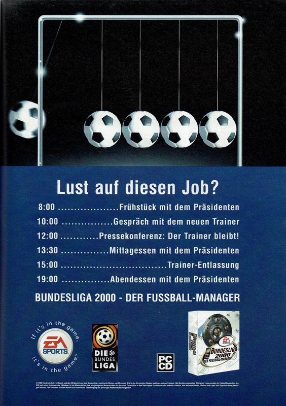 The F.A. Premier League Football Manager 2000 Magazine Advertisement (Magazine Advertisements): PC Player (Germany), Issue 12/1999