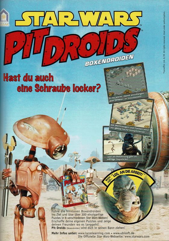 Star Wars: Pit Droids Magazine Advertisement (Magazine Advertisements): PC Player (Germany), Issue 01/2000