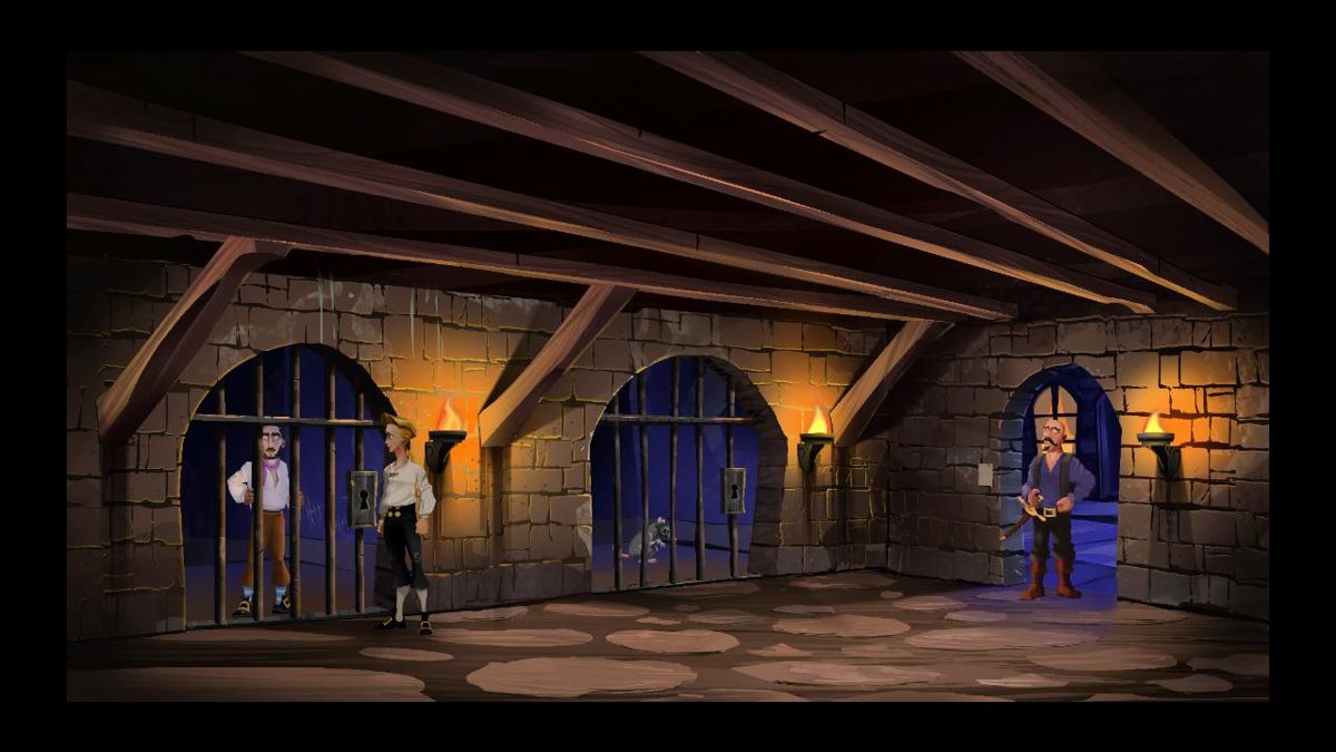 The Secret of Monkey Island: Special Edition Screenshot (LucasArts website): Jail w-Psycho Otis, Fester and Rat (SE)