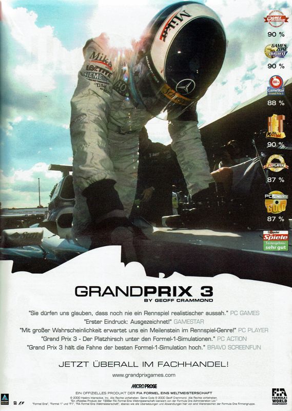 Grand Prix 3 Magazine Advertisement (Magazine Advertisements): PC Player (Germany), Issue 10/2000