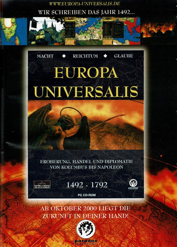Europa Universalis Magazine Advertisement (Magazine Advertisements): PC Player (Germany), Issue 10/2000