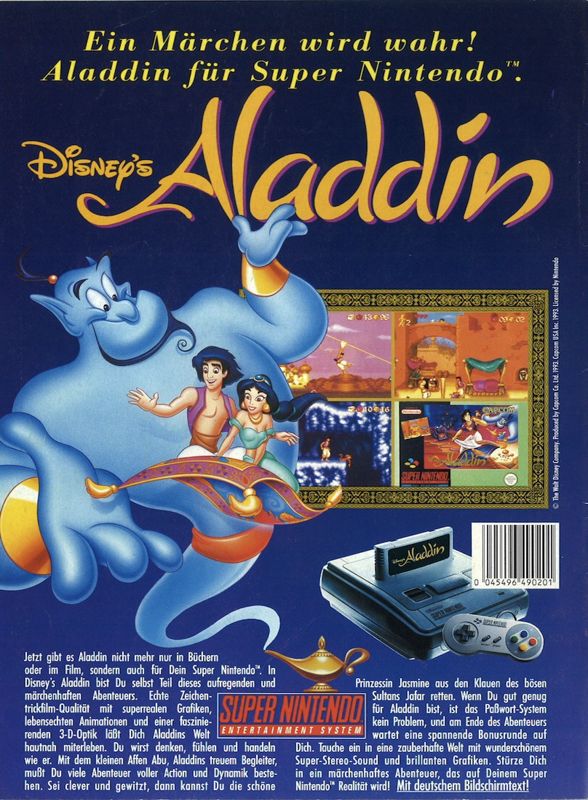Disney's Aladdin Magazine Advertisement (Magazine Advertisements): Club Nintendo (Germany), December 1993, back cover