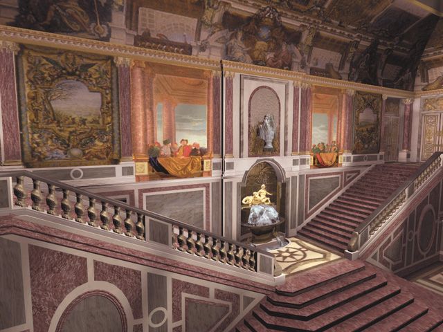 Versailles 1685 Screenshot (Images from Cryo Interactive web at 1998): L'escalier des ambassadeurs.Détruit en 1752, a été reconstruit virtuellement grâce à la technologie 3D. Celui-ci n'existe que dans « Versailles, Complot à la Cour du Roi Soleil ». Grâce à l'aide du Musée de Versailles, l'escalier a été reconstruit virtuellement. L'escalier ne peut être vu ailleurs que dans Versailles, complot à la Cour du Roi Soleil.