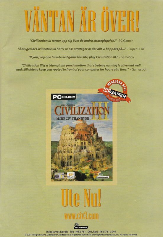 Sid Meier's Civilization III Magazine Advertisement (Magazine Advertisements): PC Gamer (Sweden), Issue 60 (December 2001)