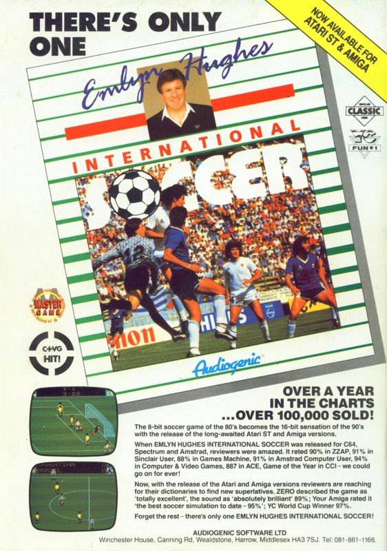 Emlyn Hughes International Soccer Magazine Advertisement (Magazine Advertisements): CU Amiga Magazine (UK) Issue #6 (August 1990). Courtesy of the Internet Archive. Back cover