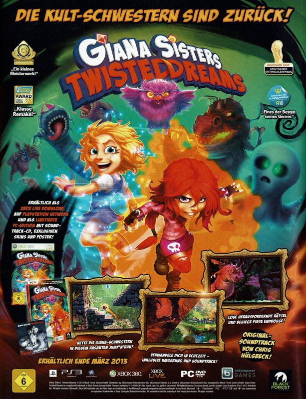 Giana Sisters: Twisted Dreams Magazine Advertisement (Magazine Advertisements): Retro Gamer (Germany), Issue 02/2013