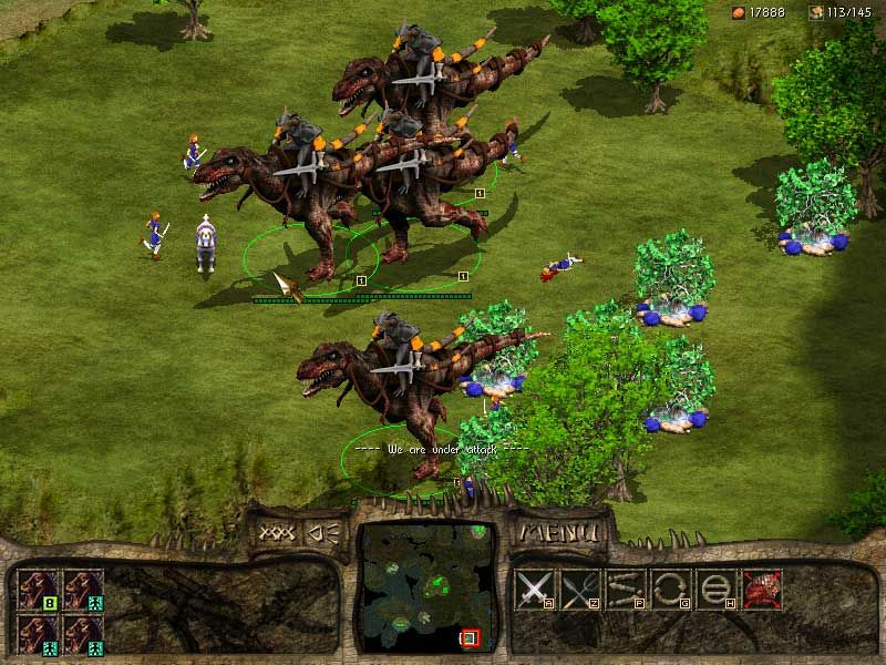 Primitive Wars Screenshot (Official site - screenshots (2003)): A tyranos charge into an elf town causing casualties in their path.