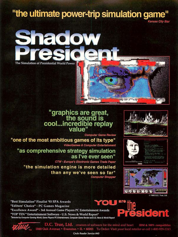 Shadow President Magazine Advertisement (Magazine Advertisements): Computer Gaming World (US), Number 107 (June 1993)
