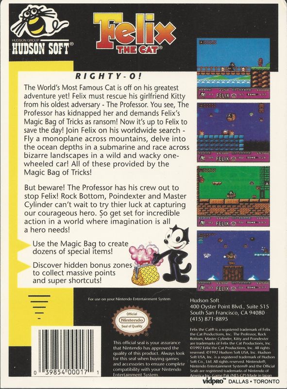 Felix the Cat Other (Vidpro card): Vidpro retail display card rear (NES version)
