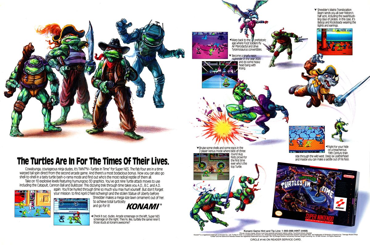 Teenage Mutant Ninja Turtles: Turtles in Time Magazine Advertisement (Magazine Advertisements): Electronic Gaming Monthly (United States), Volume 5, Issue 10 (October 1992) Page 114-115